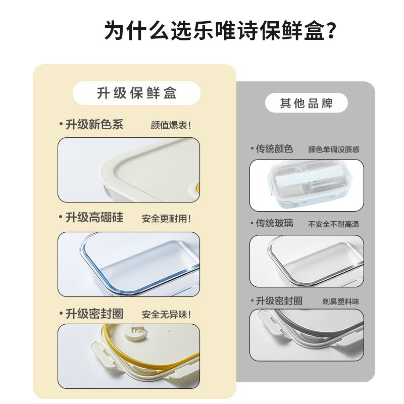 乐唯诗 玻璃饭盒上班族可微波炉加热专用碗便当盒保鲜碗分隔带盖带饭餐盒 [自带叉勺]两分隔1000ML[茉绿]高清大图