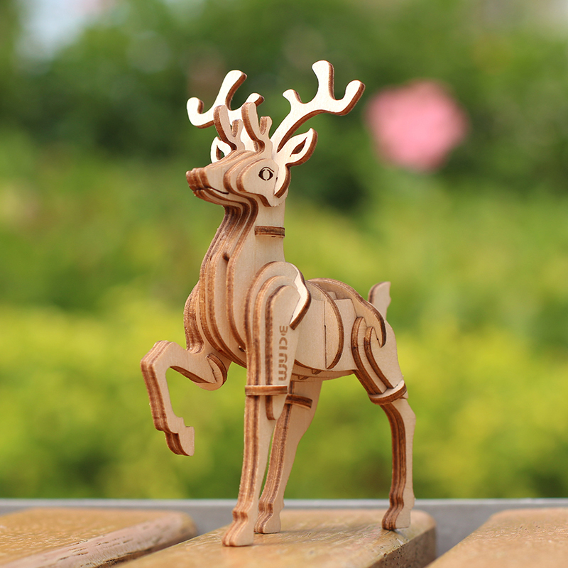 wude梅花鹿动物木制立体3d拼图木质diy积木玩具儿童手工拼装模型组装