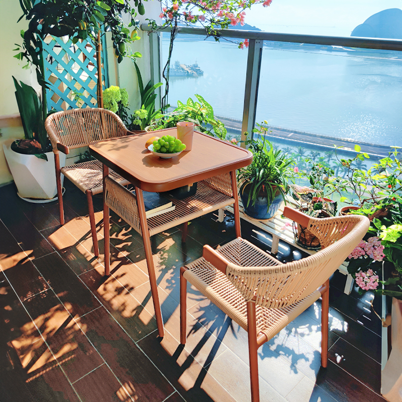 紫叶阳台桌椅藤椅茶桌椅组合小户型家用休息区休闲椅网红一桌二椅 棕木纹-1方桌+2椅