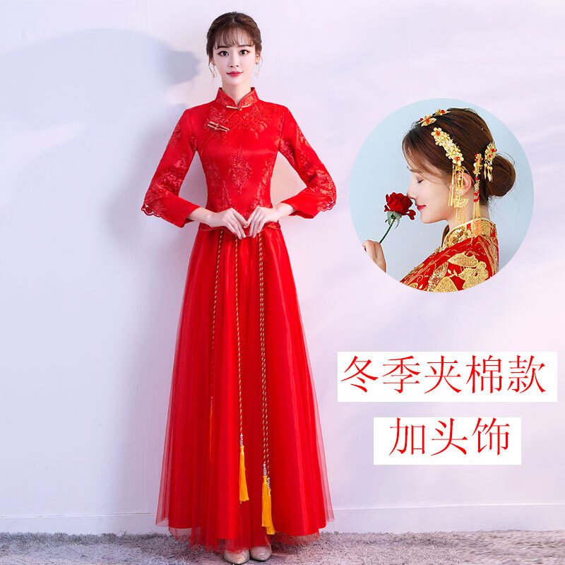 红色敬酒服新娘秋冬季中式婚纱礼服长款长袖秀禾服2018新款结婚女