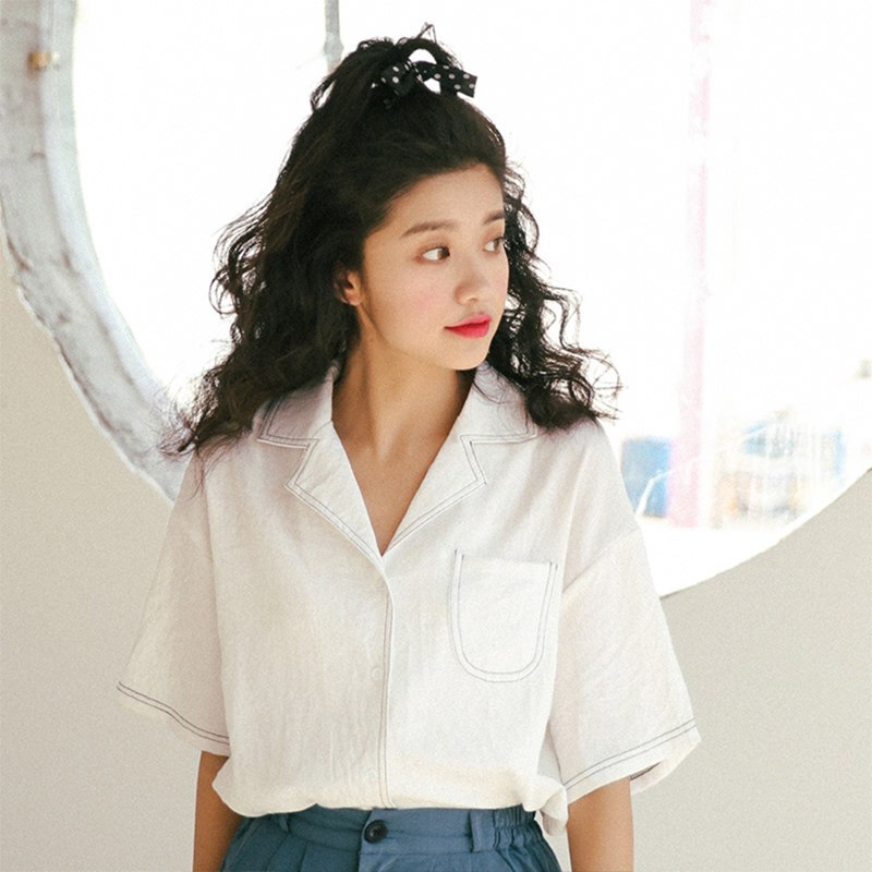 韩范甜美可爱小清新短袖衬衫女夏季韩版学院风宽松百搭学生衬衣白色均码