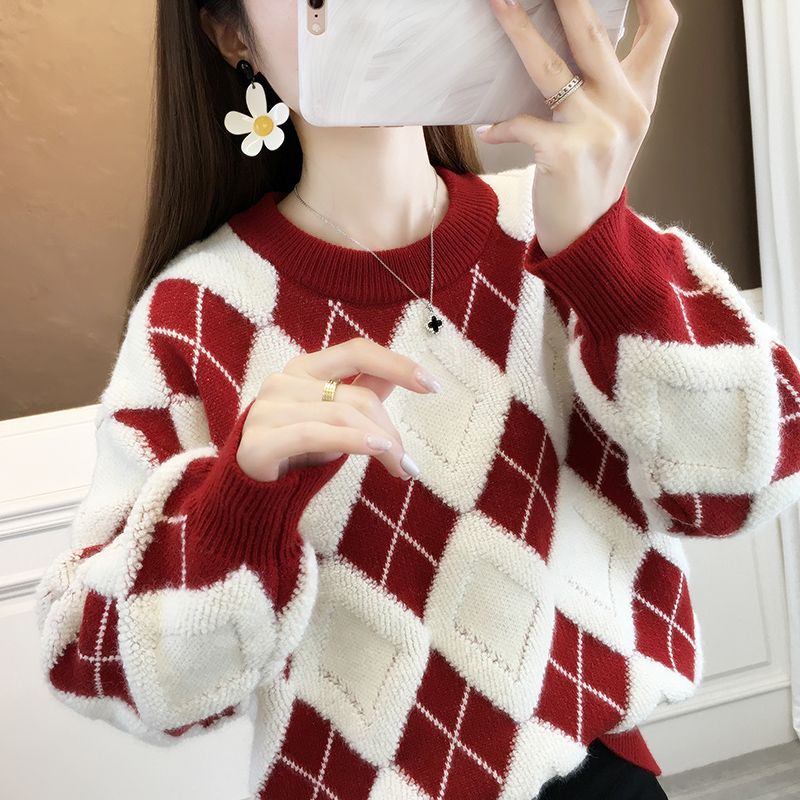 冬季加厚菱形毛衣女紫色秋冬外穿2023新款红色针织宽松打底衫高清大图