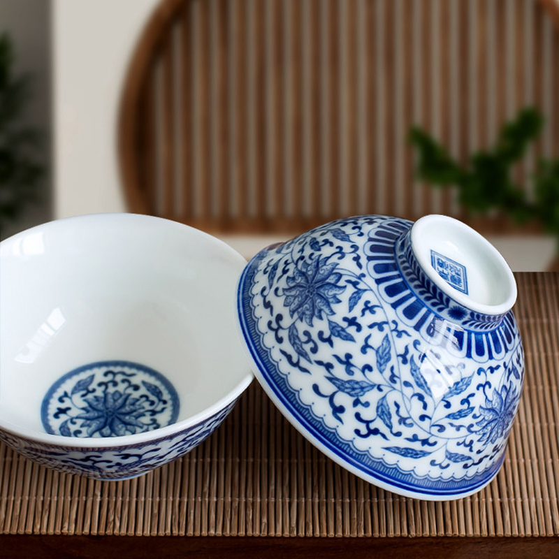 LICHEN 釉下彩陶瓷高脚汤面碗饭碗茶碗景德镇仿古中式手工缠枝莲青花瓷防烫餐具