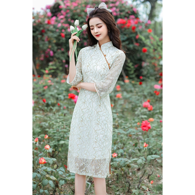 时尚改良蕾丝七分袖中长款旗袍夏季新款年轻女士旗袍裙