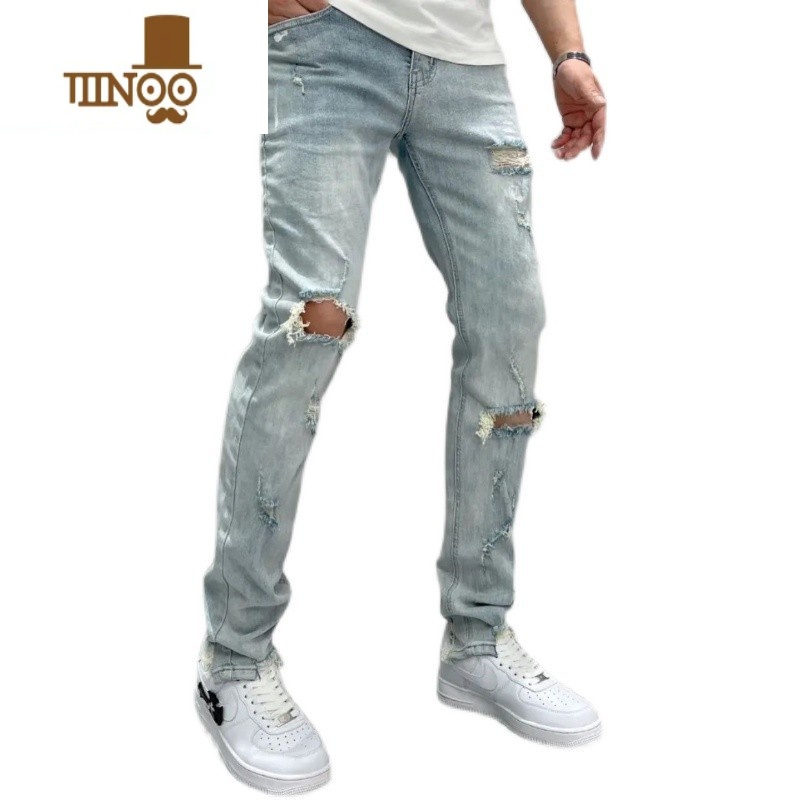 YANXU高端牛仔裤男破洞2022夏季新款韩版修身小脚时尚百搭微弹牛仔长牛高清大图