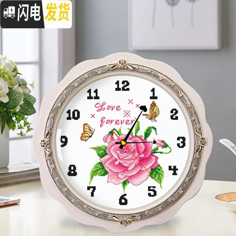 三维工匠十字绣小件钟表玫瑰花餐厅挂钟花卉手工简约现代2019 [埃及棉4股线绣][尺寸40*40厘米][加机芯]送工具包高清大图