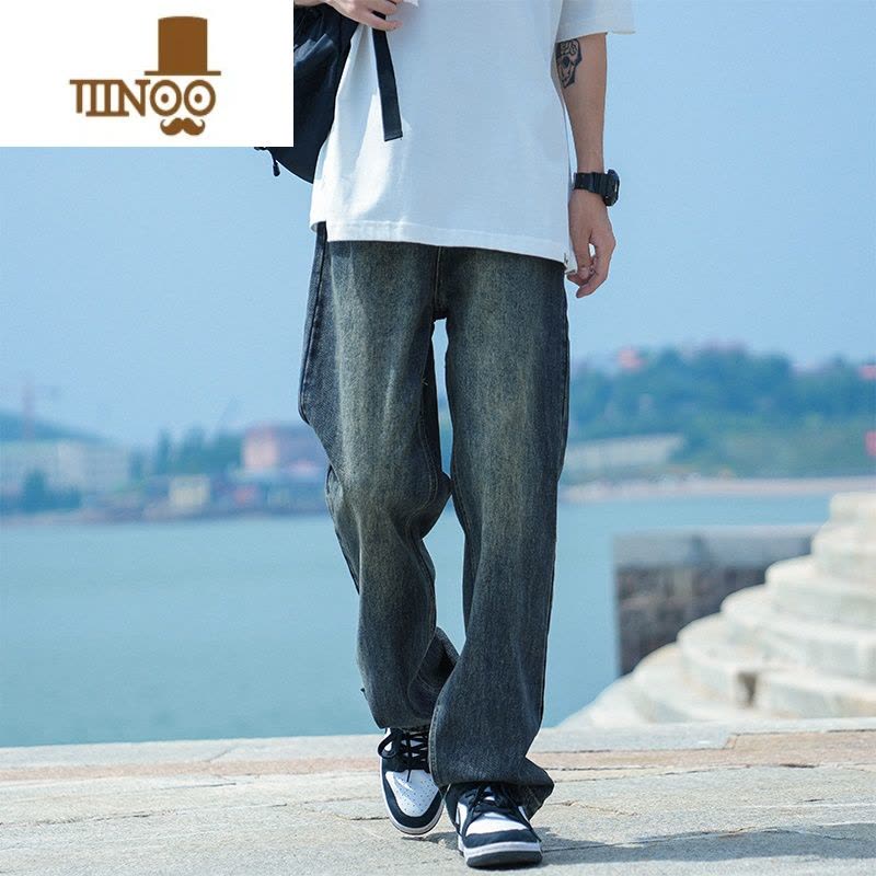 YANXU水洗复古蓝牛仔裤男士宽松直筒男生高街潮流潮牌休闲长裤子图片
