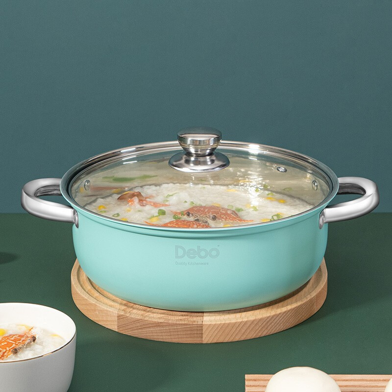 德铂(Debo)克莱尔 汤锅不锈钢炖煮火锅燃气电磁炉通用26cm DEP-DS214 蓝绿色 / 个高清大图