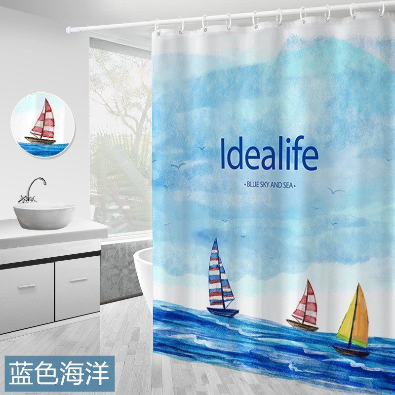 美帮汇北欧浴室浴帘水布加厚霉卫生间帘子洗澡间窗帘淋浴房隔断挂帘 蓝色海洋 【套装】宽130x高180cm+1.6圆头杆