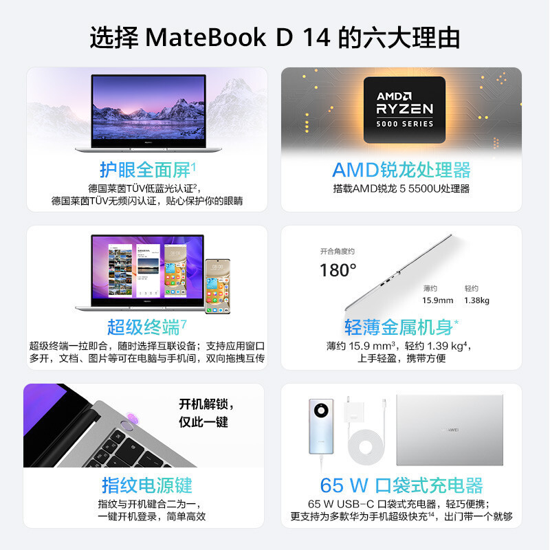 华为(HUAWEI)笔记本电脑MateBook D14 NWM-WFQ9笔记本电脑(R5-5500/16G/512G)