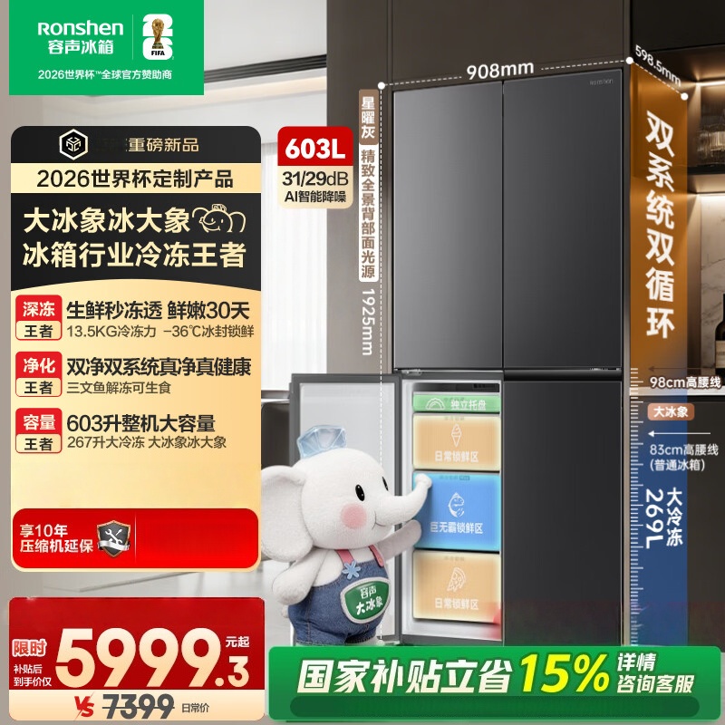 容声世界杯定制大冰象603L十字门冰箱双系统超薄嵌入式一级能效风冷无霜BCD-603Q50CZLBD星耀灰高清大图