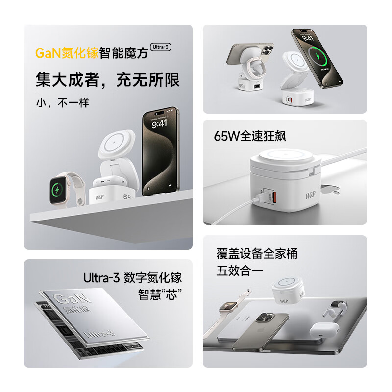W&P W08A 白色 氮化镓无线充电器 65W高清大图