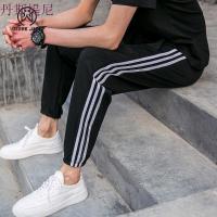 DeereJane条纹束脚裤男口袋贴布夏季青年修身哈伦九分裤9分裤子黑色