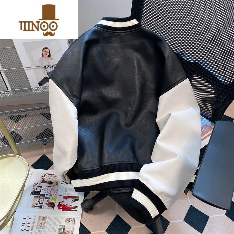 YANXU欧美高街潮牌痞帅pu皮衣撞色外套男女港风美式短款工装棒球服夹克高清大图