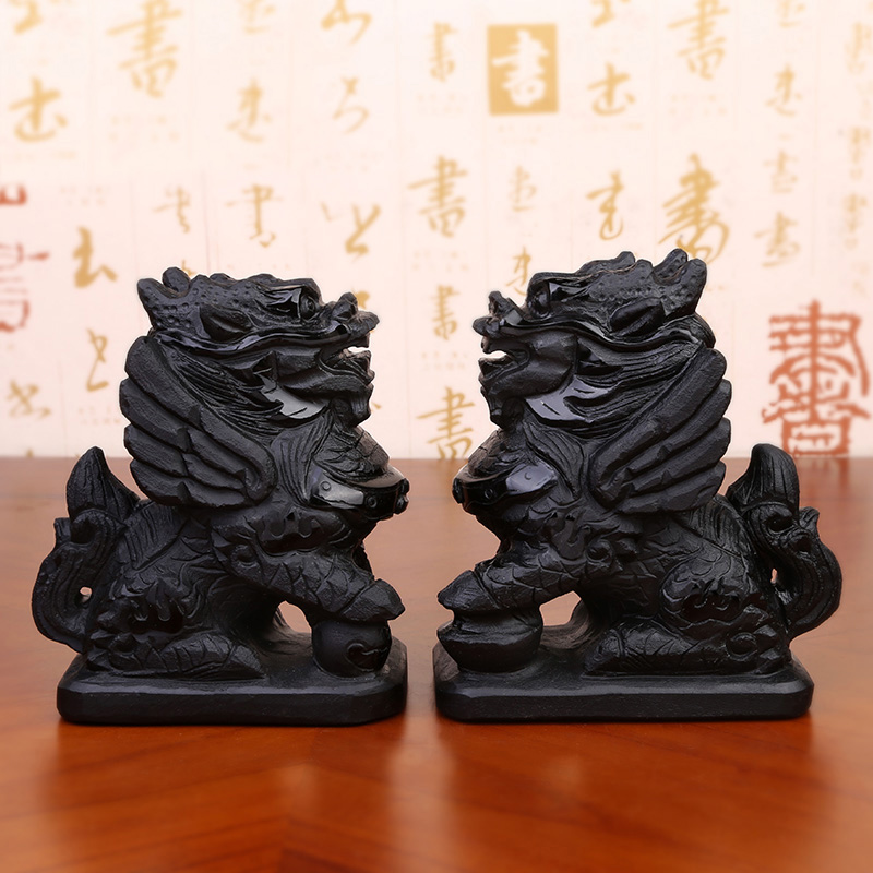 美帮汇黑曜石摆件一对开镇光宅摆件玉寓意工艺品大号高清大图