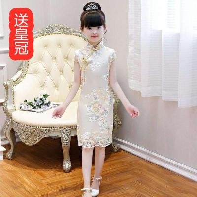 香槟色 旗袍 送皇冠 100 女童旗袍连衣裙夏季儿童礼服公主裙中国风古筝演出服女孩古装汉服