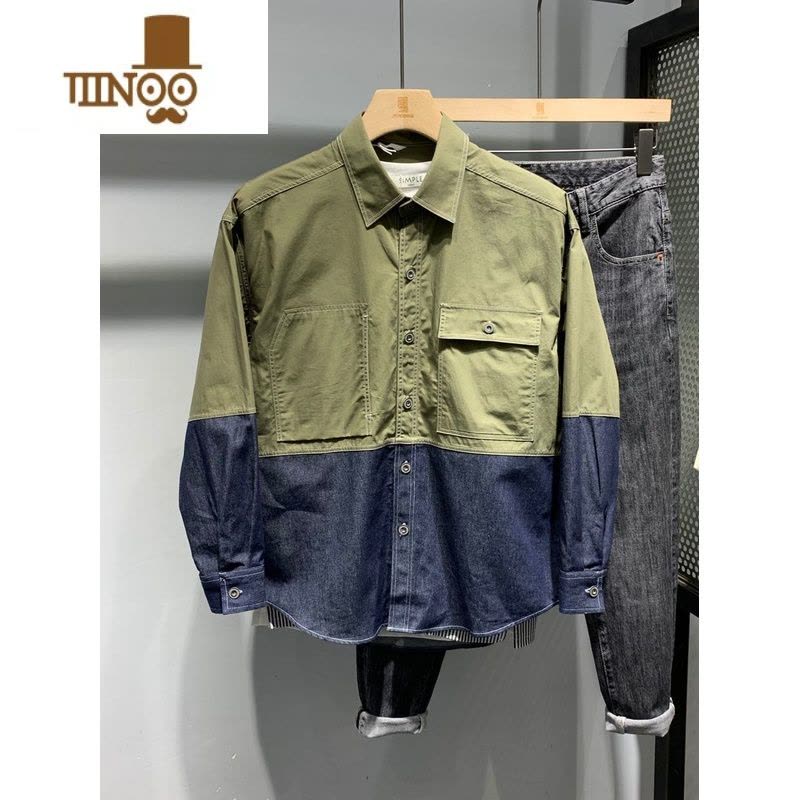 YANXU2023秋季新款男士纯色休闲长袖衬衫牛仔潮流拼接撞色宽松衬衣外套图片