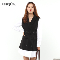 ENJOY’ME女装2020春季新品双排扣黑白拼接系腰带连衣裙
