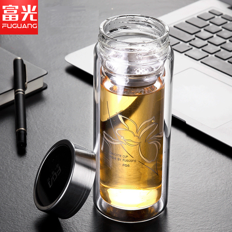 富光(FUGUANG)玻璃杯703-280/320 双层透明带滤网玻璃杯泡茶杯隔热带盖 水杯子商务杯