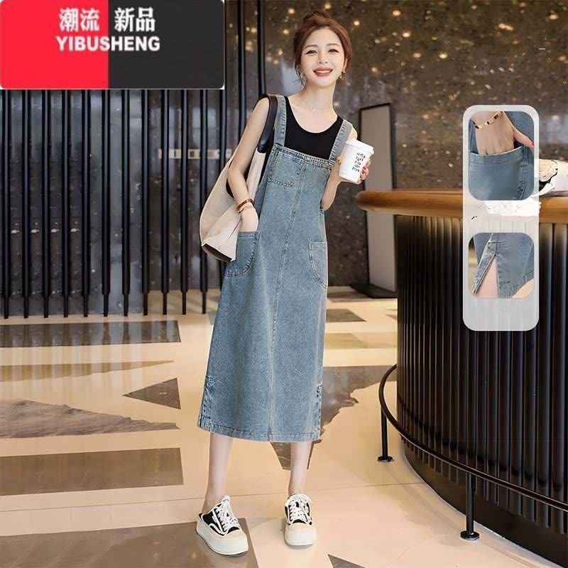 YIBUSHENG2024新款韩系可爱牛仔背带裙女春秋学院风宽松复古中长款连衣裙图片