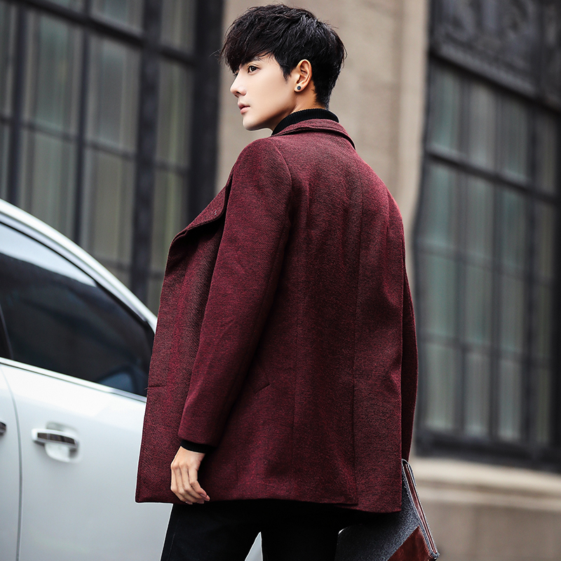 yuansu呢子风衣男短款韩版潮流帅气新款大翻领毛呢大衣男士妮子外套