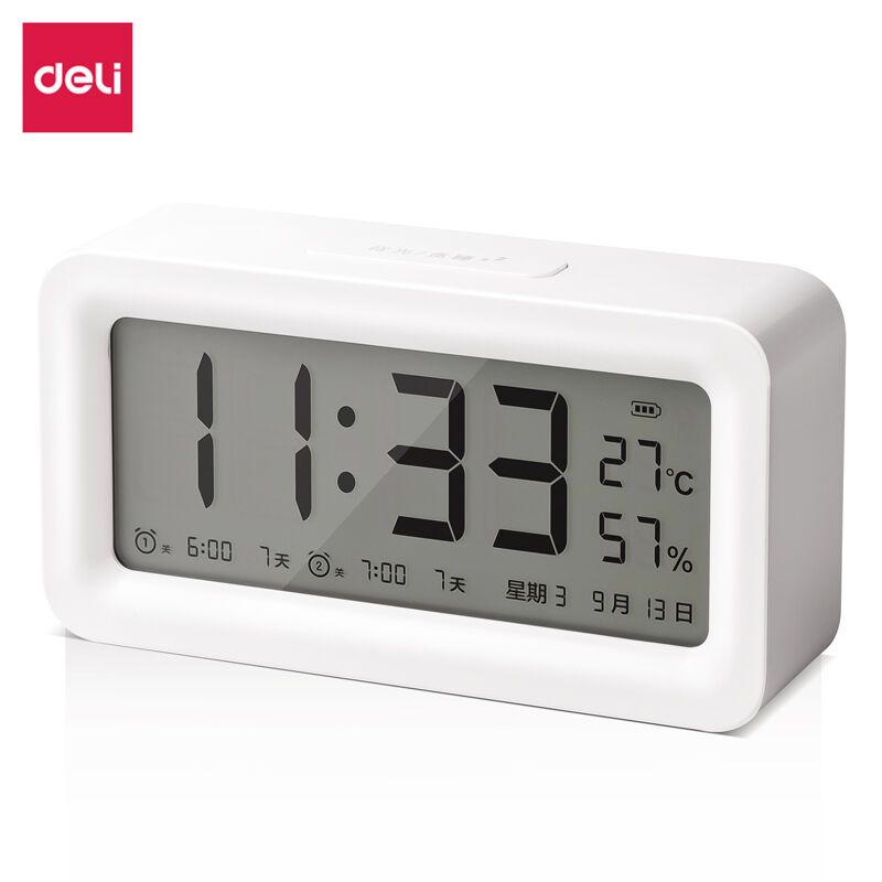 得力(DELI) LE103A 充电款电子智能闹钟背光大闹铃家用学生多功能温湿度计大屏床头钟白 个 电子闹钟