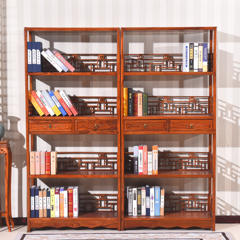全实木多层书架中式工艺品展示架茶叶置物架六层榆木仿古书柜书橱