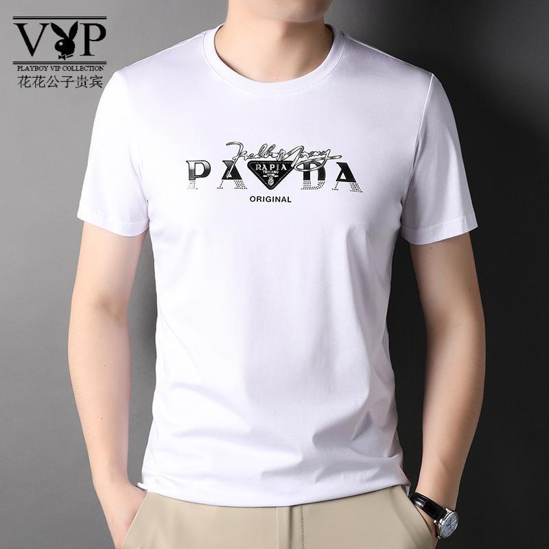 花花公子贵宾 短袖T恤男2022夏季新款白色圆领男装潮流休闲舒适体恤衫