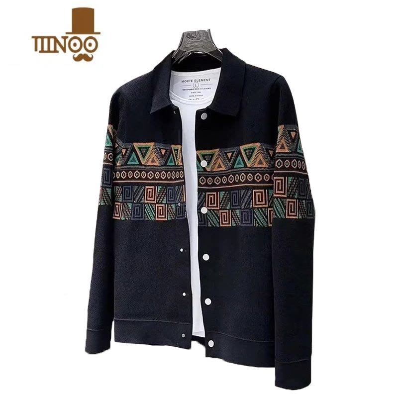 YANXU民族风提花潮牌翻领针织衫男士新款简约休闲帅气青年开衫外套图片