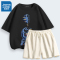 真维斯夏季套装女外穿运动华夫格短裤2022新款纯棉短袖休闲两件套