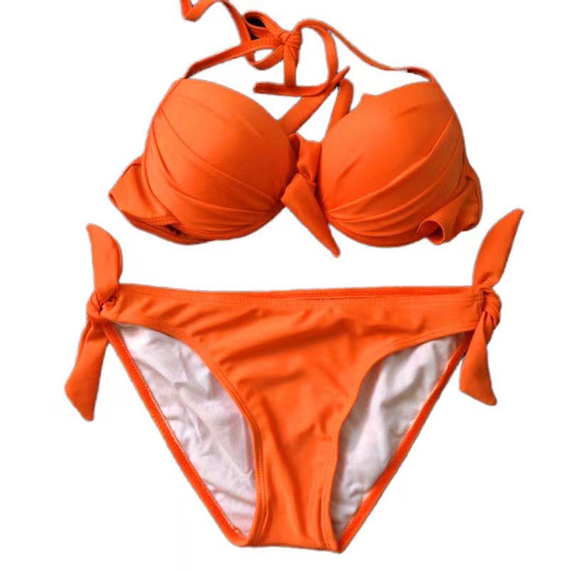 粉色比基尼暴露三点式显胸大泳衣性感女夏分体小胸聚拢感泳装