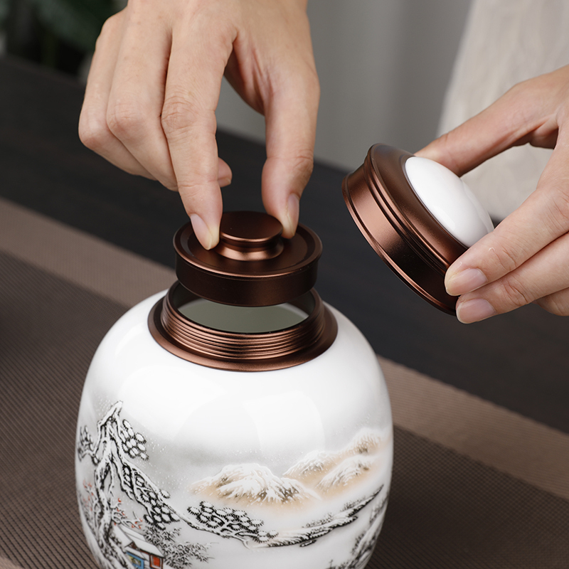 LICHEN 景德镇茶叶罐陶瓷密封储物干坚果罐子中草药防潮防虫带盖罐约半斤装双层金属盖子 山水B