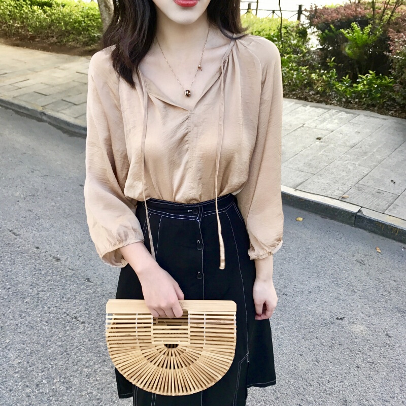 春秋chic风百搭纯色灯笼长袖套头衬衫复古宽松显瘦娃娃衫上衣潮女香槟色均码