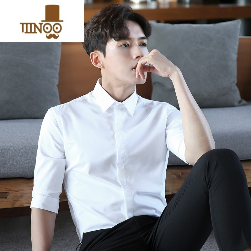 yanxu七分袖白衬衫男夏季修身中袖衫五分商务正装男士结婚伴郎白色