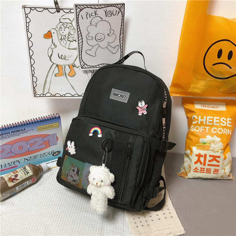 日系书包女2021新款韩版原宿ulzzang大容量学生背包百搭双肩包潮 黑色+徽章3枚+腮红熊