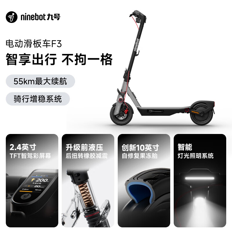 九号(Ninebot)电动滑板车成年人两轮代步折叠便携式智能减震避震防滑稳定智慧显示大屏全新第三代滑板车F3高清大图