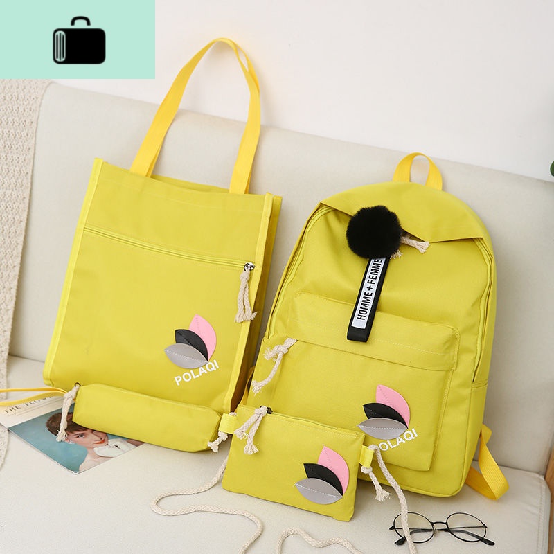 可爱挂件书包女韩版原宿校园高中学生时尚潮双肩包学院风情侣背包NEWLAKE 4件套树叶【黄色】