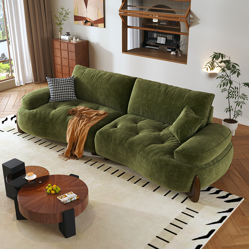 政府补贴中古风客厅靠背小户型弧形大坐深绿色复古风布艺沙发高清大图