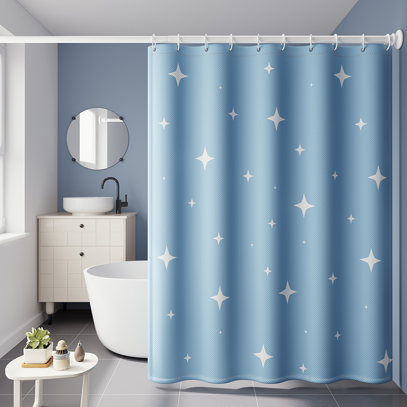 【补贴10%】浴室加厚浴帘布卫生间浴帘套装免打孔洗澡防水帘隔断帘门帘窗帘子 织布蓝星星 单帘宽80*高180+环