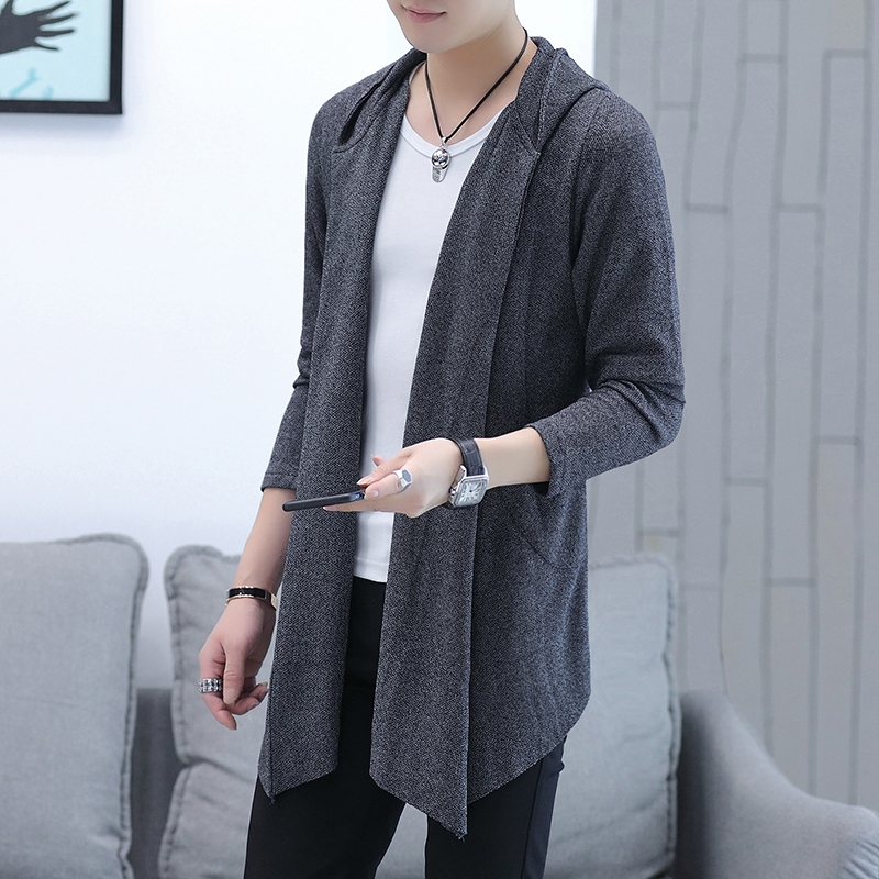 yuansu风衣男中长款韩版潮流帅气披风男士开衫外套春秋季大衣服针织连