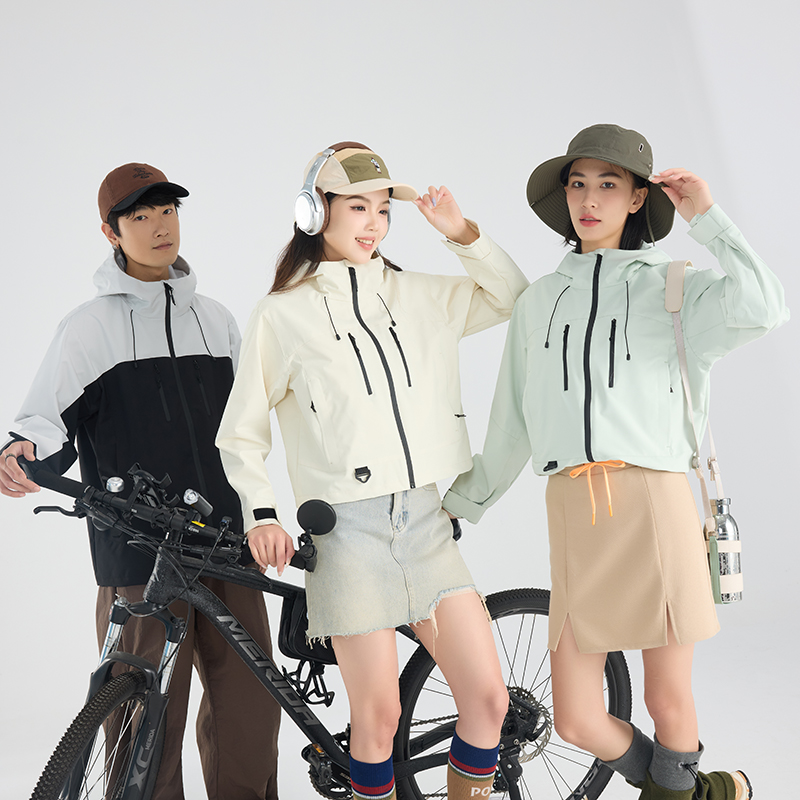 渔人船长春秋时尚户外薄款冲锋衣男女单层风衣连帽防风短款外套高清大图