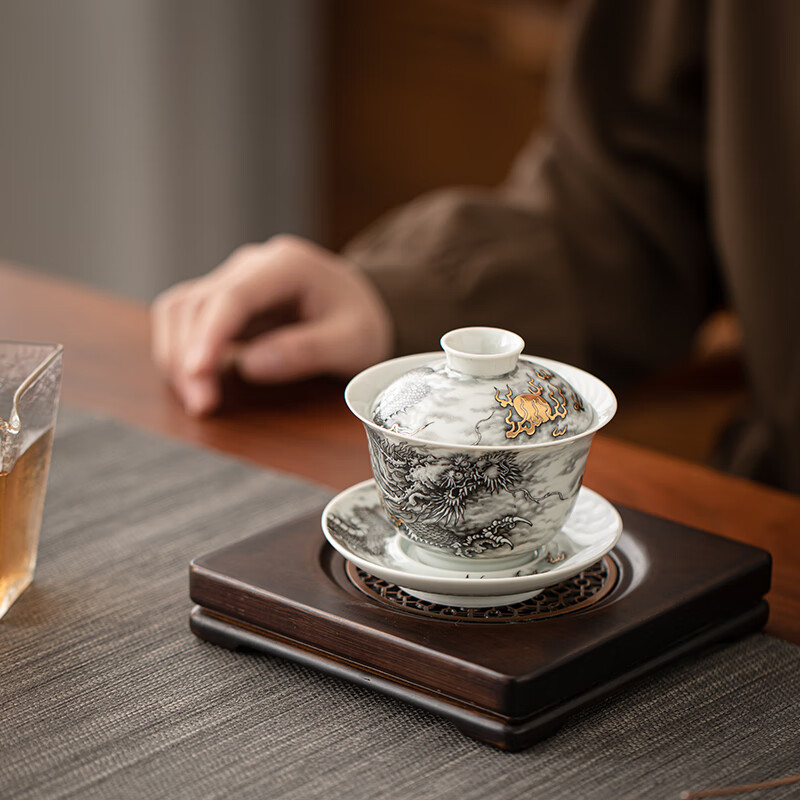 苏氏陶瓷(SUSHI CERAMICS)水墨龙腾盛世(盖碗)非遗传承人苏爱珍老师作品泡茶碗_高清大图