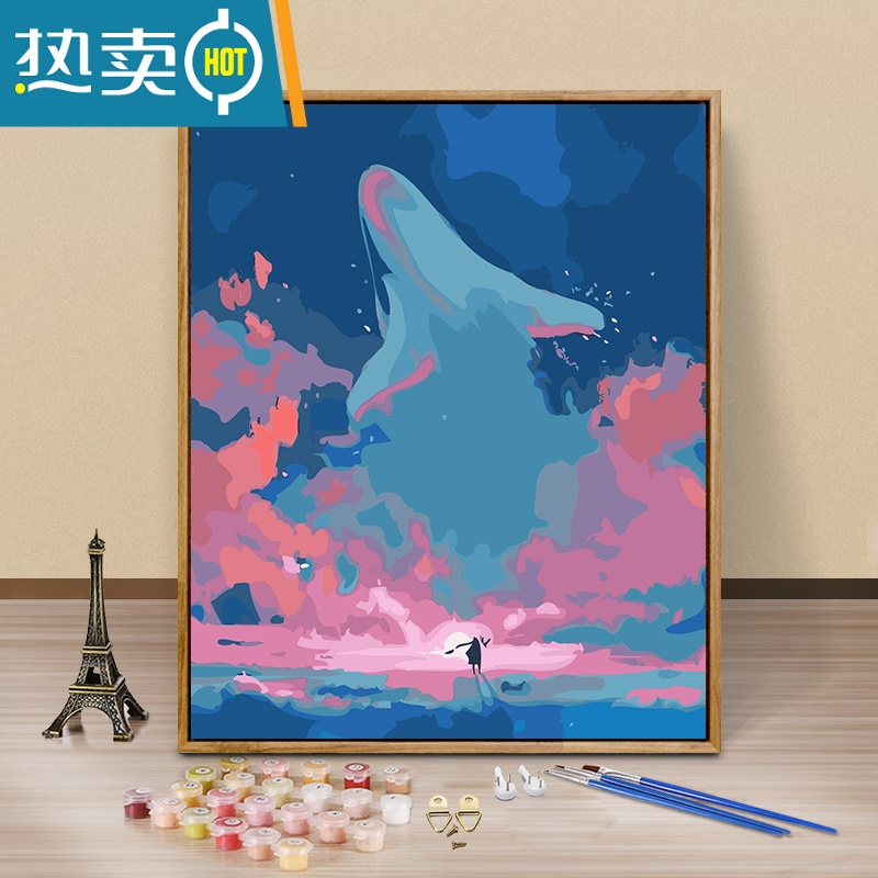 敬平diy数字油画油彩画 客厅抽象风景手工绘画数码丙烯填色装饰画鲸鱼装饰画 蓝鲸 40*50薄框无外框画板+颜料+画笔+无痕钉