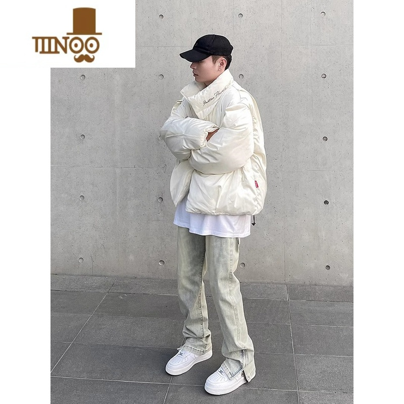 YANXU美式高街vibe复古水洗做旧黄泥染拉链开叉牛仔裤潮牌直筒微喇裤子
