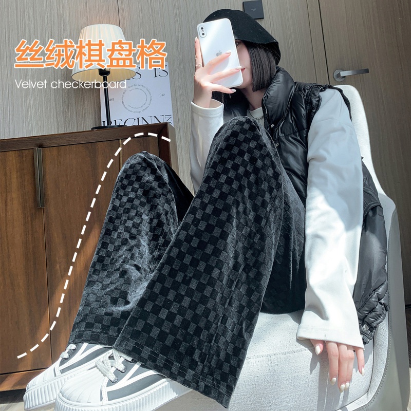 [1折价39.9元叠加优惠券]唐狮 休闲长裤子女宽松休闲阔腿裤长裤黑色丝绒棋盘格长裤阔腿长裤女