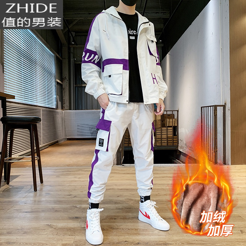 SUNTEK高中学生加绒加厚痞帅初春装初中运动胖子外套工装运动休闲套装男夹克 白色加绒套装 7XL(XXXXXXXL)