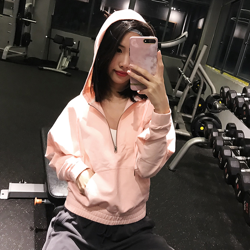 运动上衣女速干长袖宽松瑜伽健身服外套连帽卫衣跑步罩衫