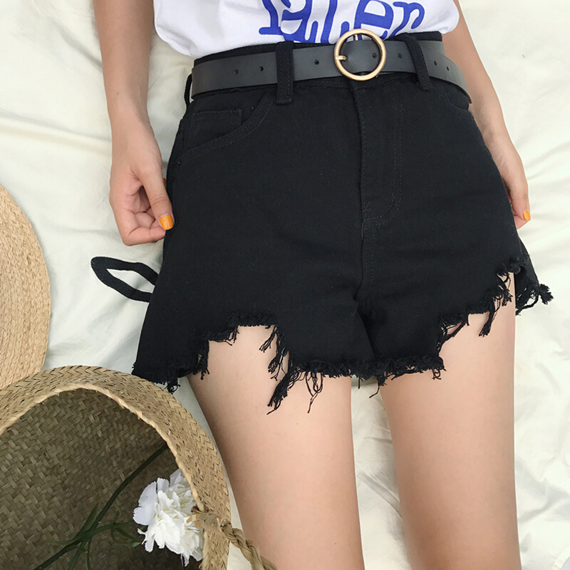 不规则流苏边牛仔阔腿裤女装韩版夏季学生百搭高腰短裤牛仔裤热裤