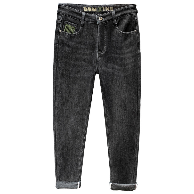 北方加绒牛仔裤男士潮牌刺绣百搭直筒裤男冬季品质舒适裤男式