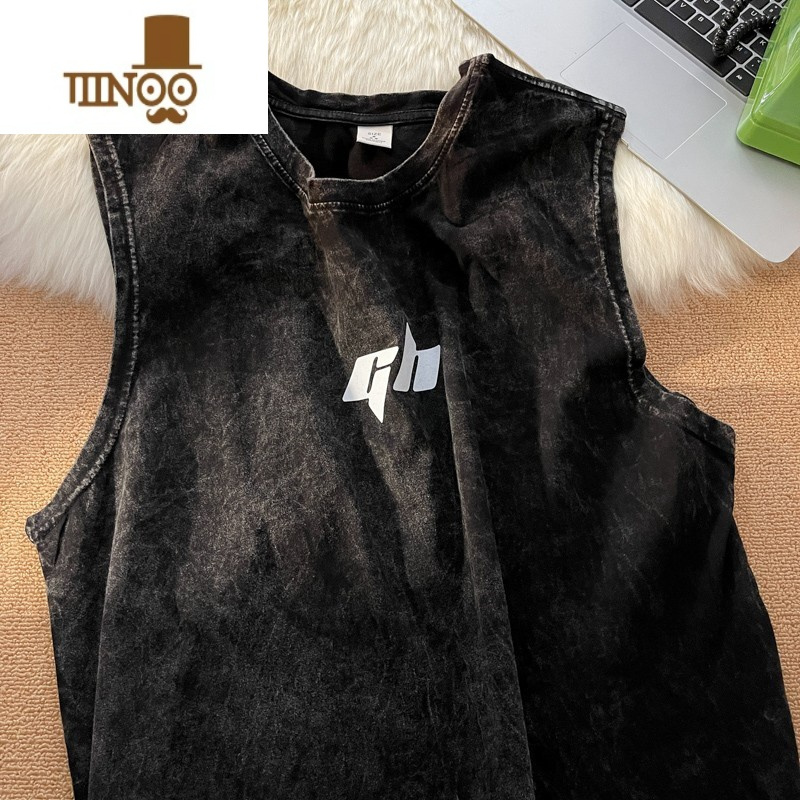 YANXUins高街复古水洗坎肩运动背心男潮牌街头嘻哈宽松hiphop无袖T恤衫